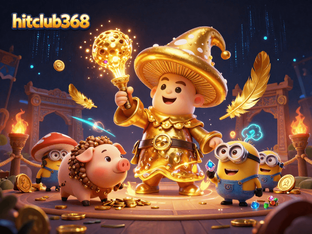 Experience excitement at hitclub368 with a vibrant 3D casino scene featuring magical characters and gold treasures.