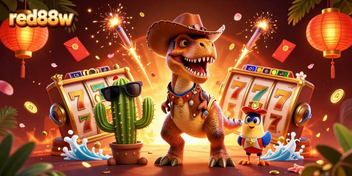 Experience thrilling gameplay with red88w in this vibrant 3D casino scene featuring slot reels and enchanted creatures.