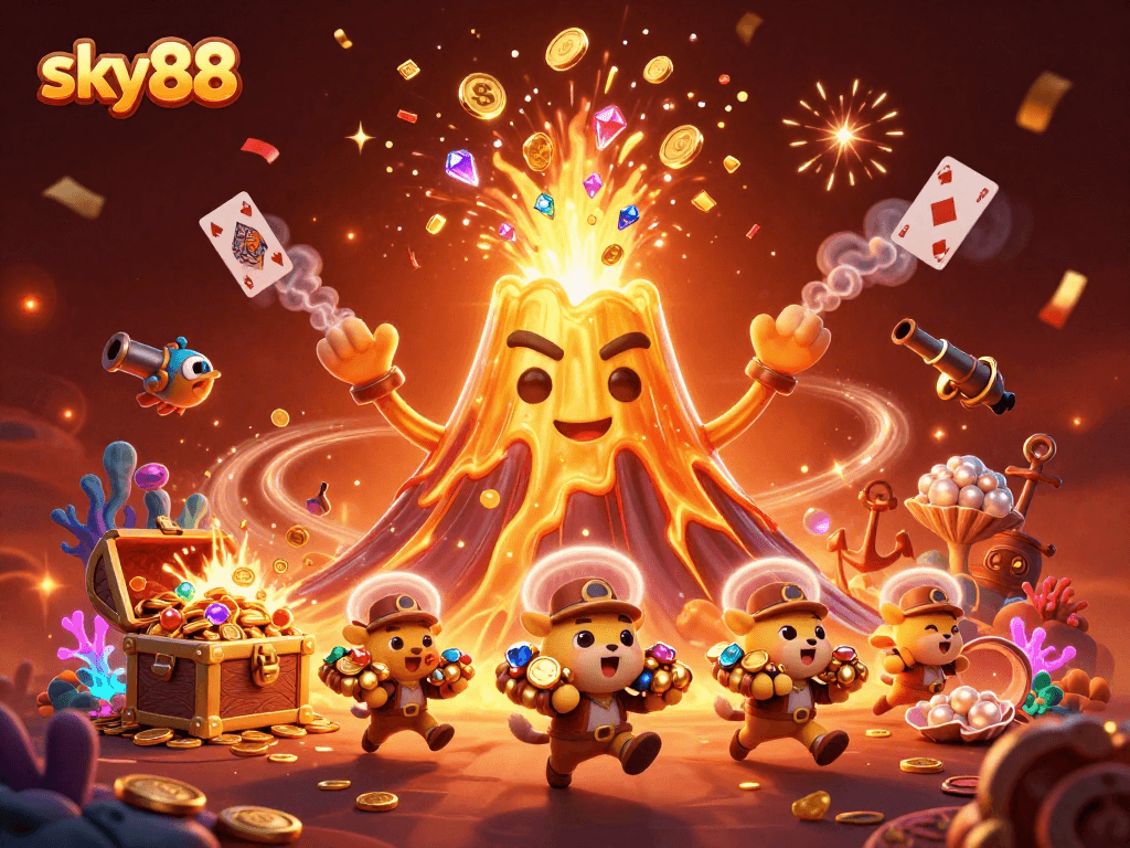 Experience the thrilling eruption of treasure in sky88's vibrant casino adventure.