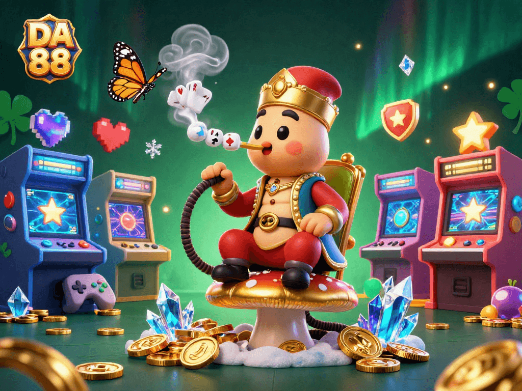 Experience the thrill at DA 88 casino with a vibrant 3D illustration featuring a caterpillar poker master.