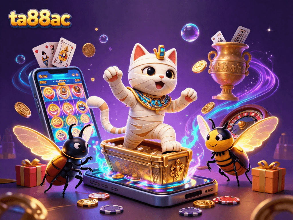 Experience thrilling slots and games at ta88ac featuring a vibrant mummy cat and treasure.