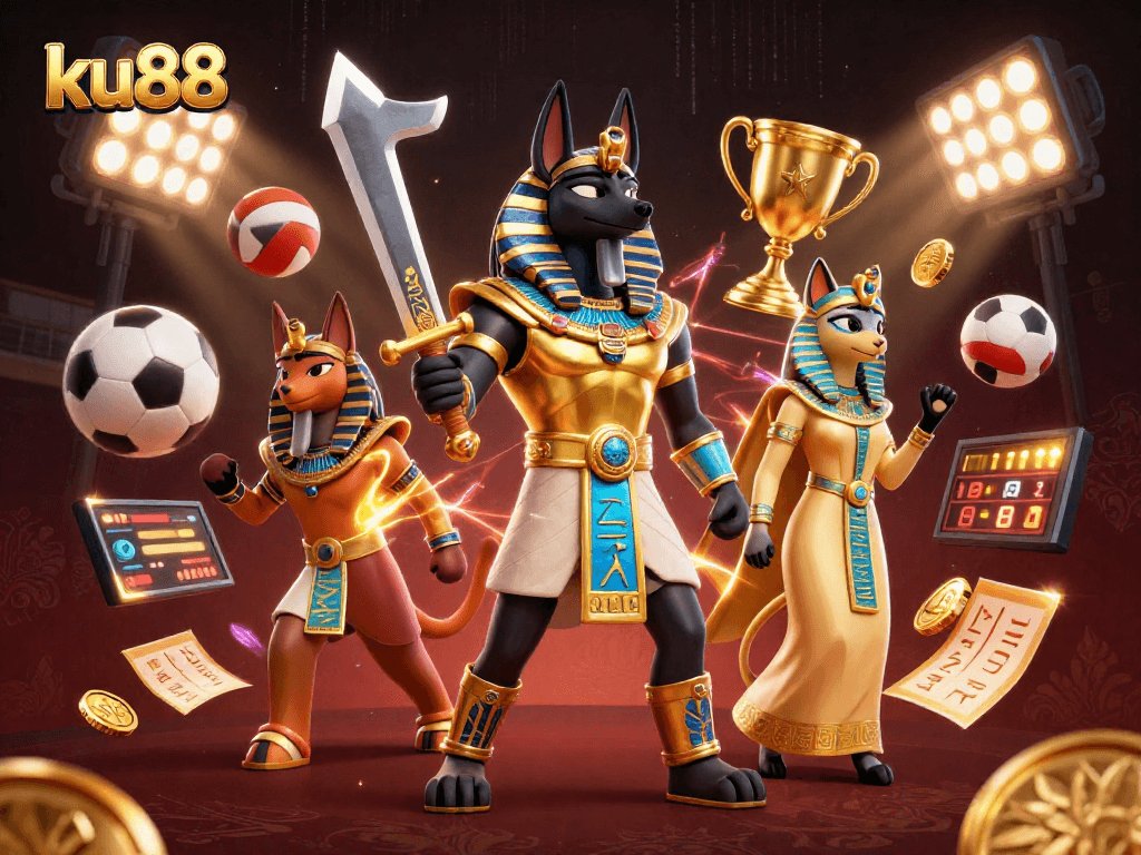 ku88 showcases a lively betting atmosphere with Anubis and Bastet amidst dynamic sports elements.