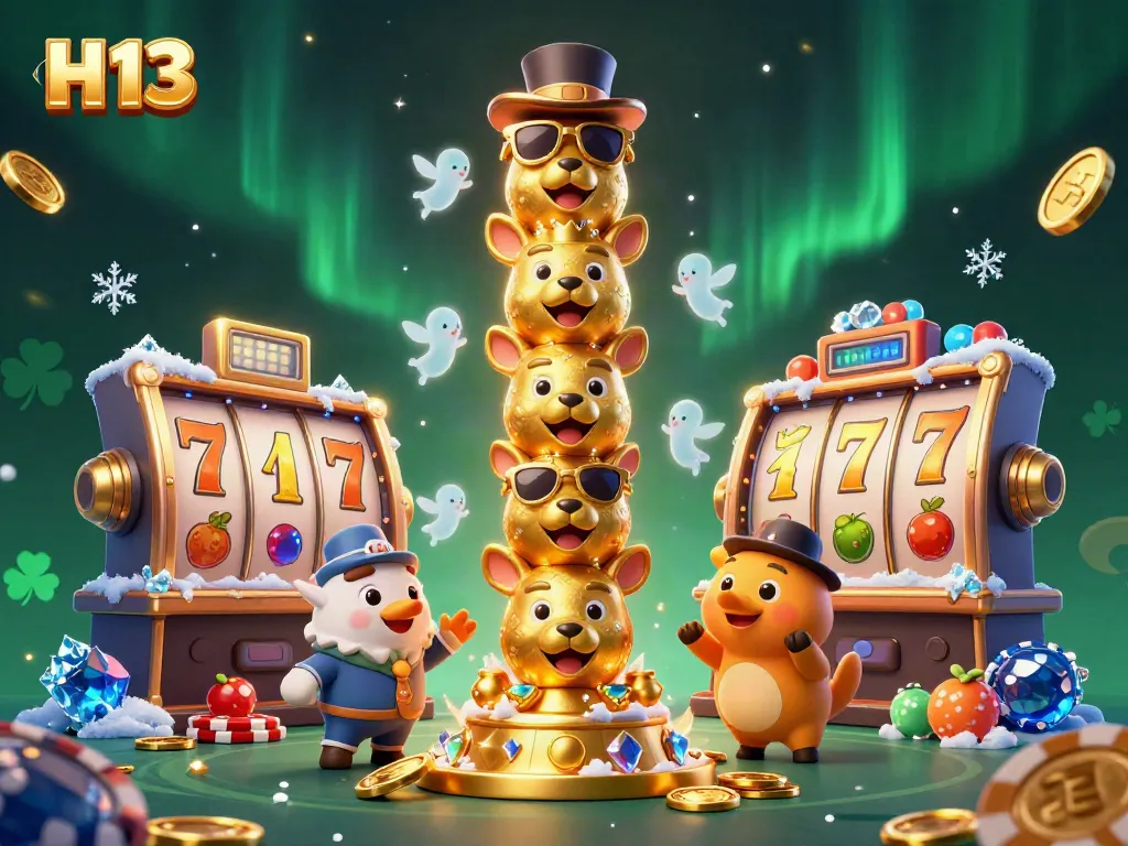 Spin the reels with H 13's vibrant casino totem, surrounded by rich slot elements and dynamic motion.