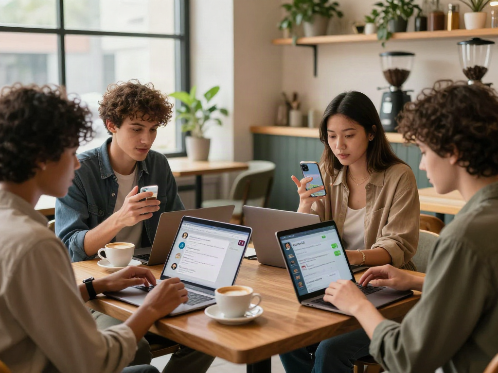 Exciting group discussing spicy chat ai features in a cozy café.