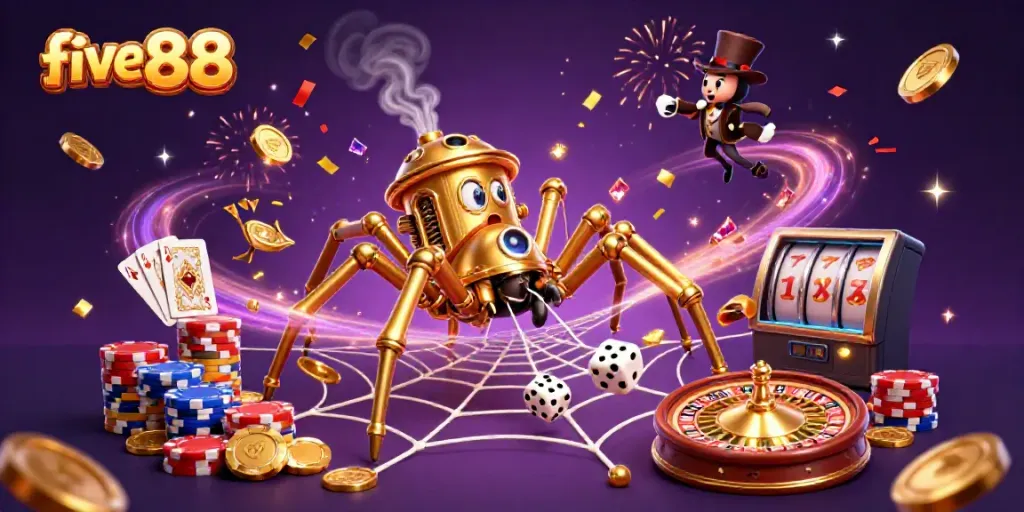Experience the thrilling world of five88 with a steampunk spider creating dazzling gambling adventures.