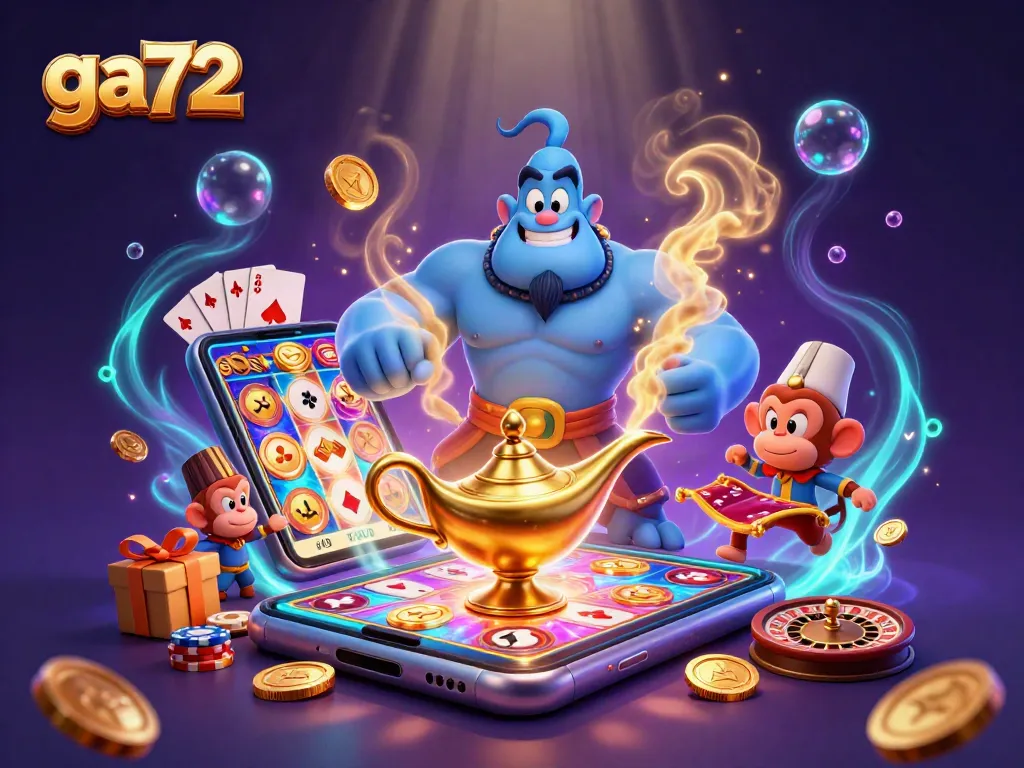 Engaging scene depicting ga72 with a blue genie, poker chips, and a smartphone showing exciting slot games.
