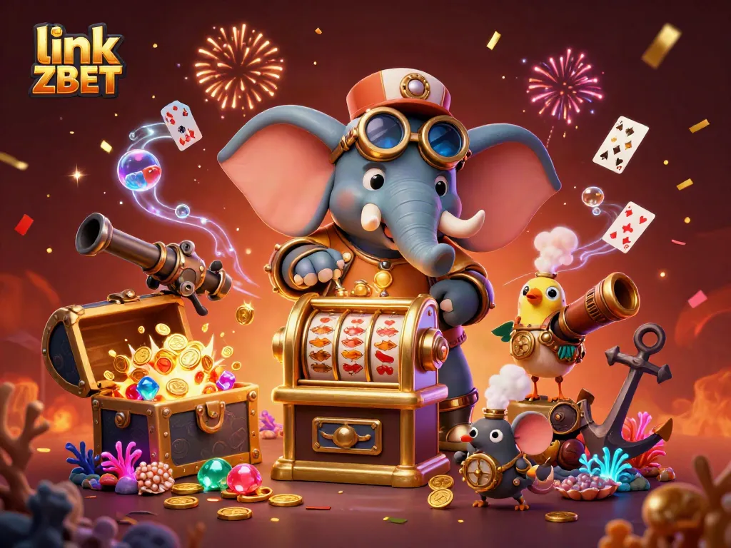Spin the golden slot machine with link ZBET and revel in treasures amidst a lively casino scene.