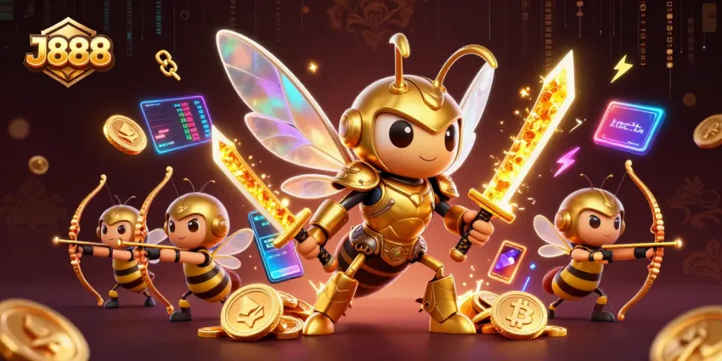 Engage in exciting casino gameplay with J888 showcased through vibrant 3D hornet and bee archers.