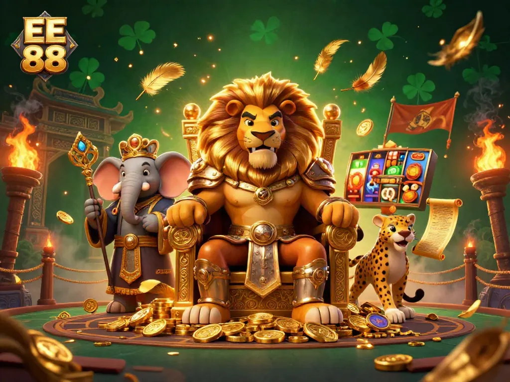 Experience thrilling gameplay at EE 88 amid a rich scene filled with gold coins and slot machines.
