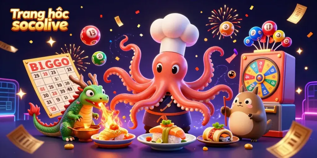 Experience the lively scene of Trang chủ socolive with an octopus sushi chef, fiery dragon, and a tanuki amidst festive gambling elements.