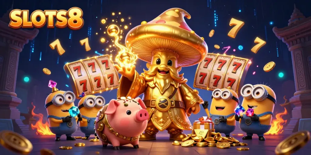 SLOTS8 themed 3D illustration showcases a golden wizard and treasure-seeking pig in a vibrant casino setting.