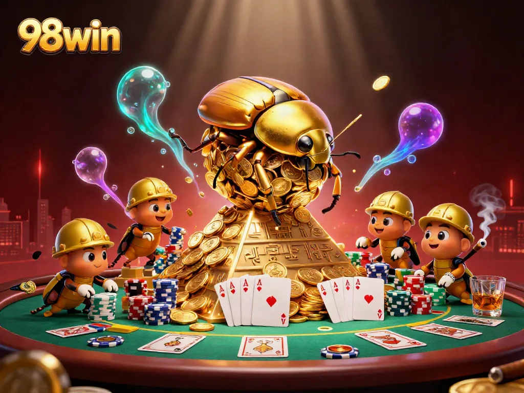 Experience the thrill of 98win's online casino with dynamic characters and poker elements.