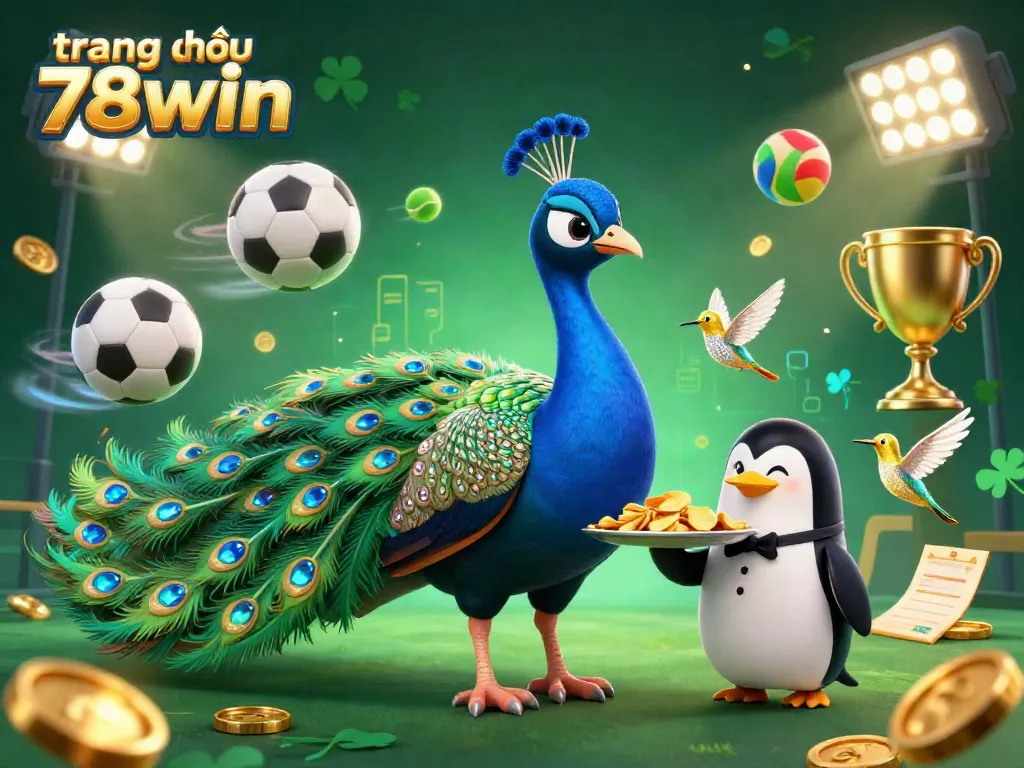 Bet exciting games at trang chủ 78win, showcasing a colorful casino scene with peacock and glittering elements.