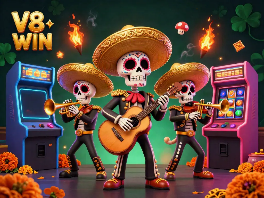 Experience the thrilling energy of V8 WIN with a festive mariachi scene filled with vibrant casino gaming elements