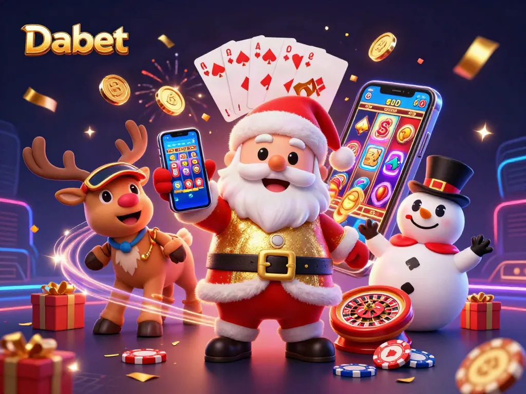 Dabet showcases a vibrant, festive casino atmosphere with cartoon characters celebrating big jackpot wins amidst gaming fun.