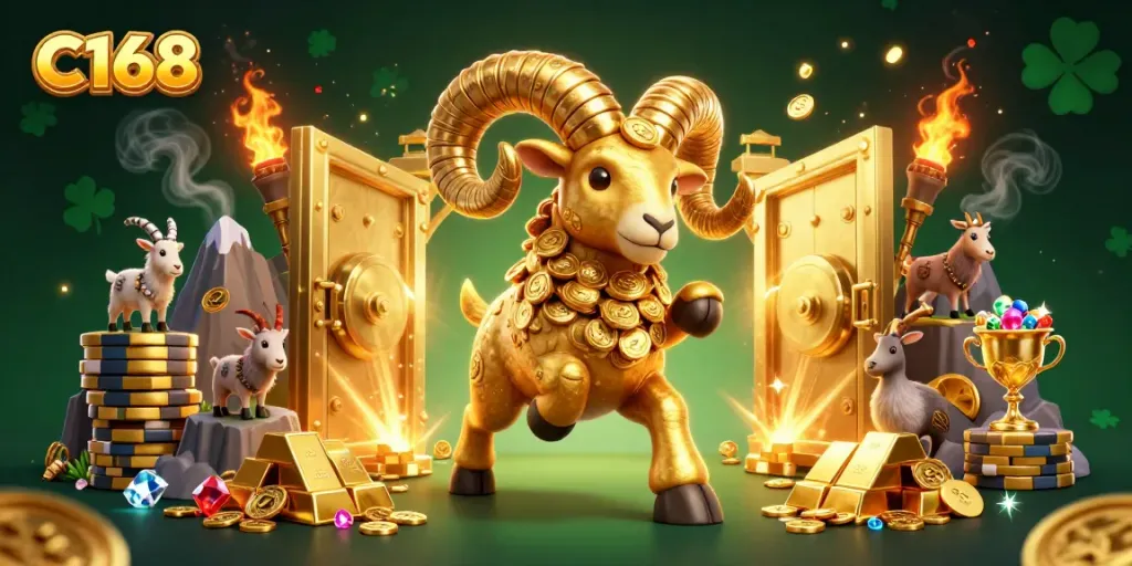 Experience thrilling wins at C168 with a golden ram charging through a treasure-laden casino.