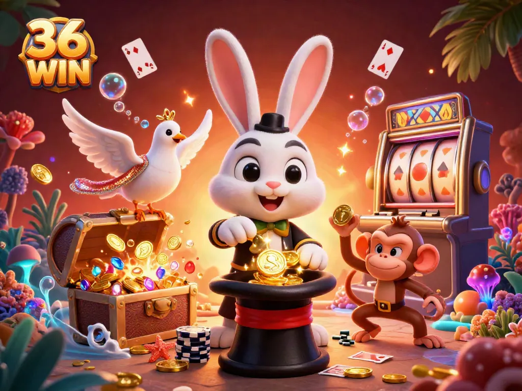 Experience excitement with 36 WIN as a magician rabbit conjures coins amidst casino elements.