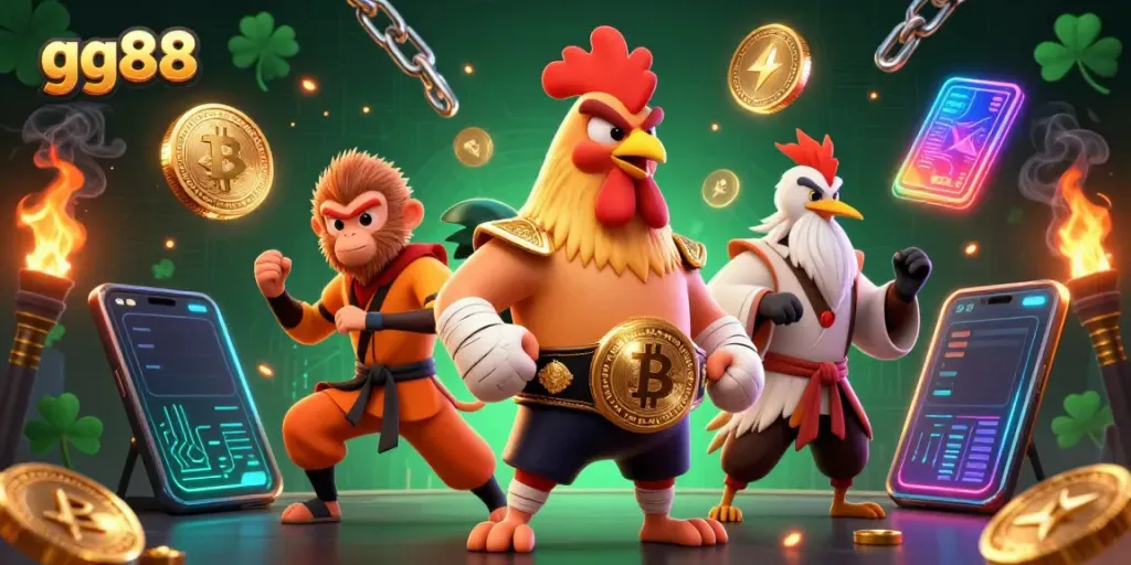 Experience thrilling gaming action at gg88 with a vibrant 3D illustration showcasing unique characters and casino elements.