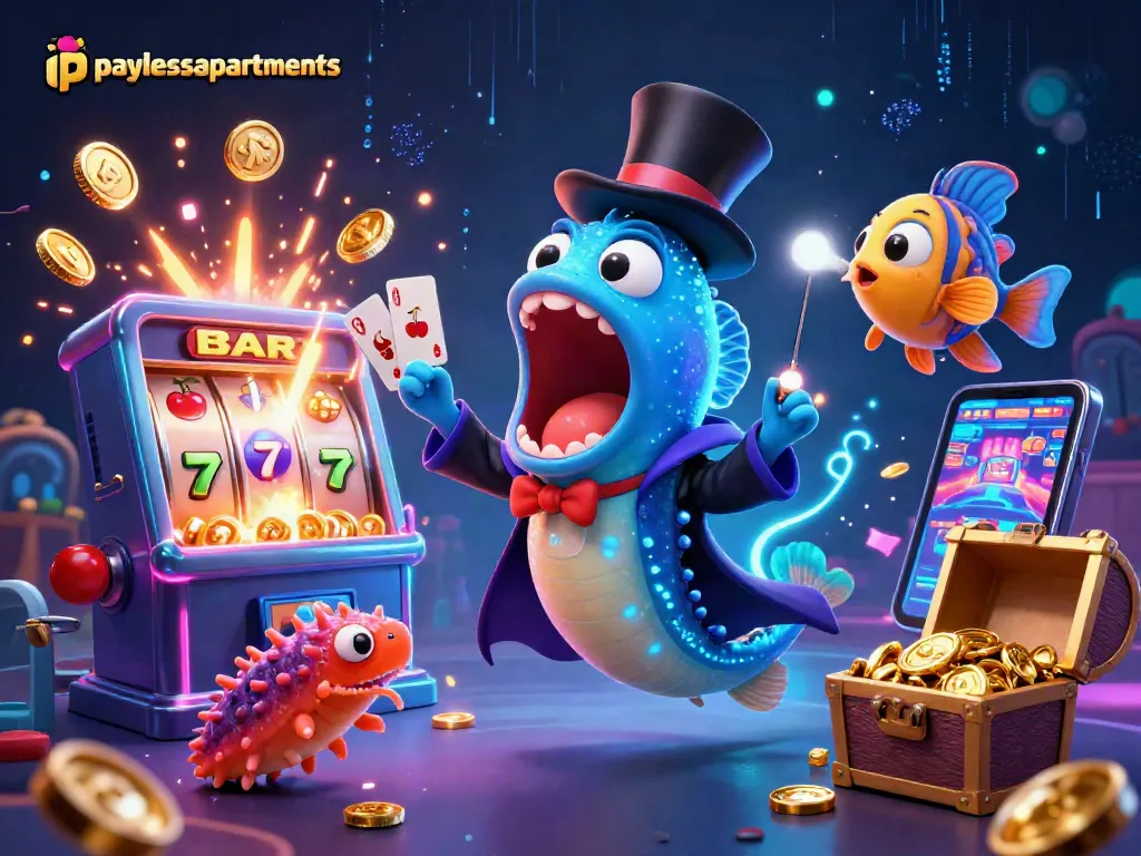 Experience the interactive thrill of paylessapartments with a captivating casino-themed illustration.