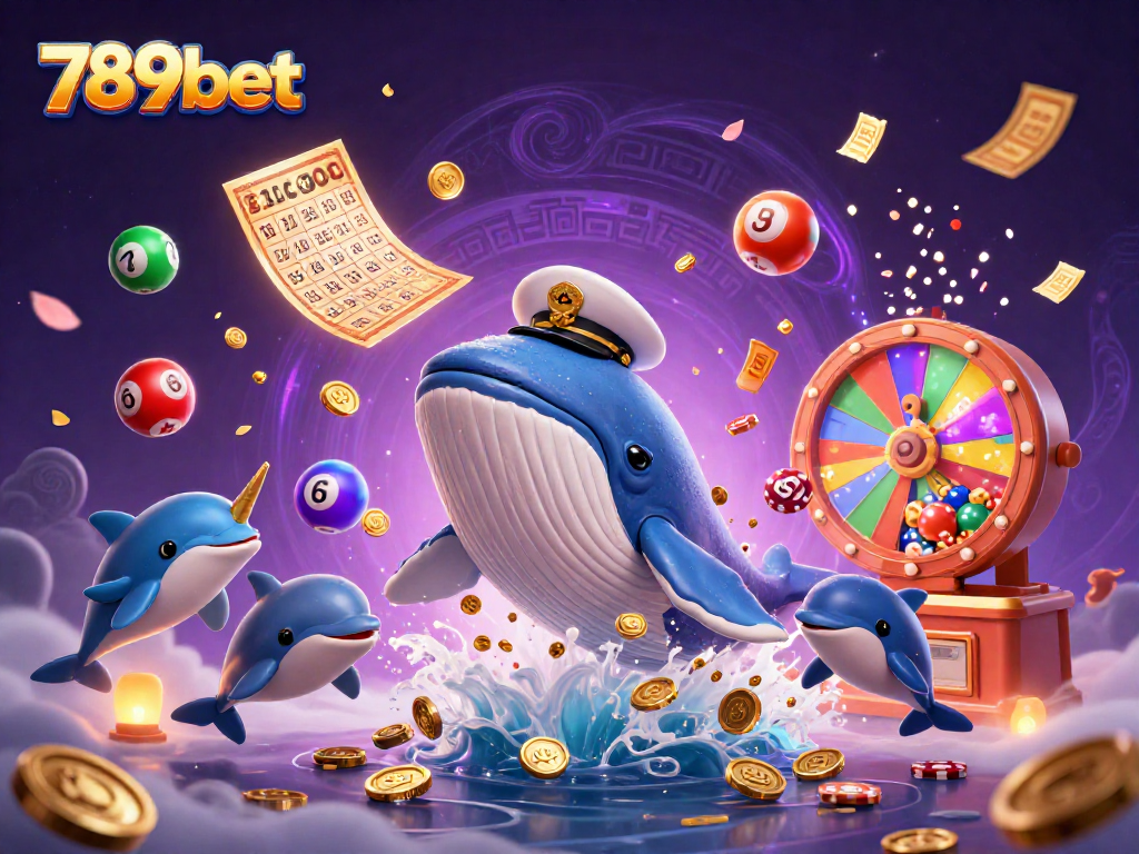 Experience thrilling fun at 789bet with a whale breaching in coins, surrounded by casino games and vibrant elements.