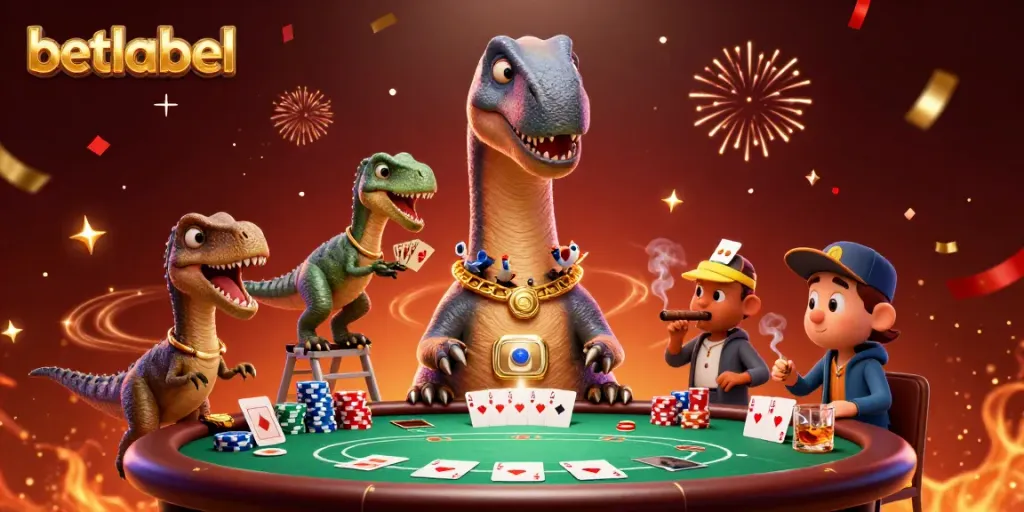 Betlabel brings excitement with a whimsical casino scene featuring dinosaurs and poker elements.