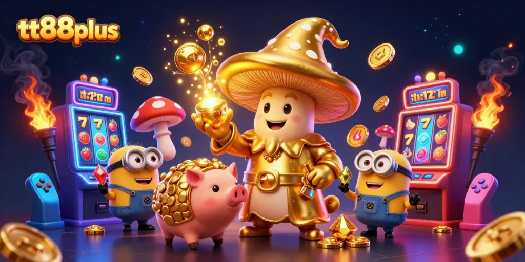Engage with tt88plus in a colorful 3D casino scene featuring a magical mushroom wizard and gaming elements.