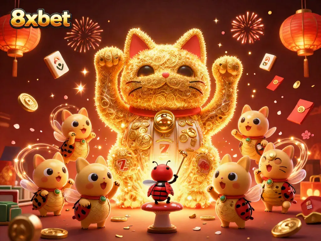 Experience 8xbet's lively casino atmosphere with a giant lucky cat shape formed by fireflies, surrounded by vibrant gaming elements.