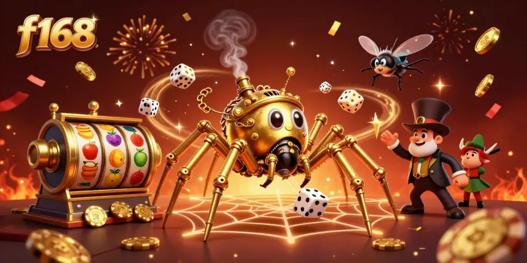 Win big at f168 with the animated steampunk spider and a Victorian fly amidst colorful casino elements.