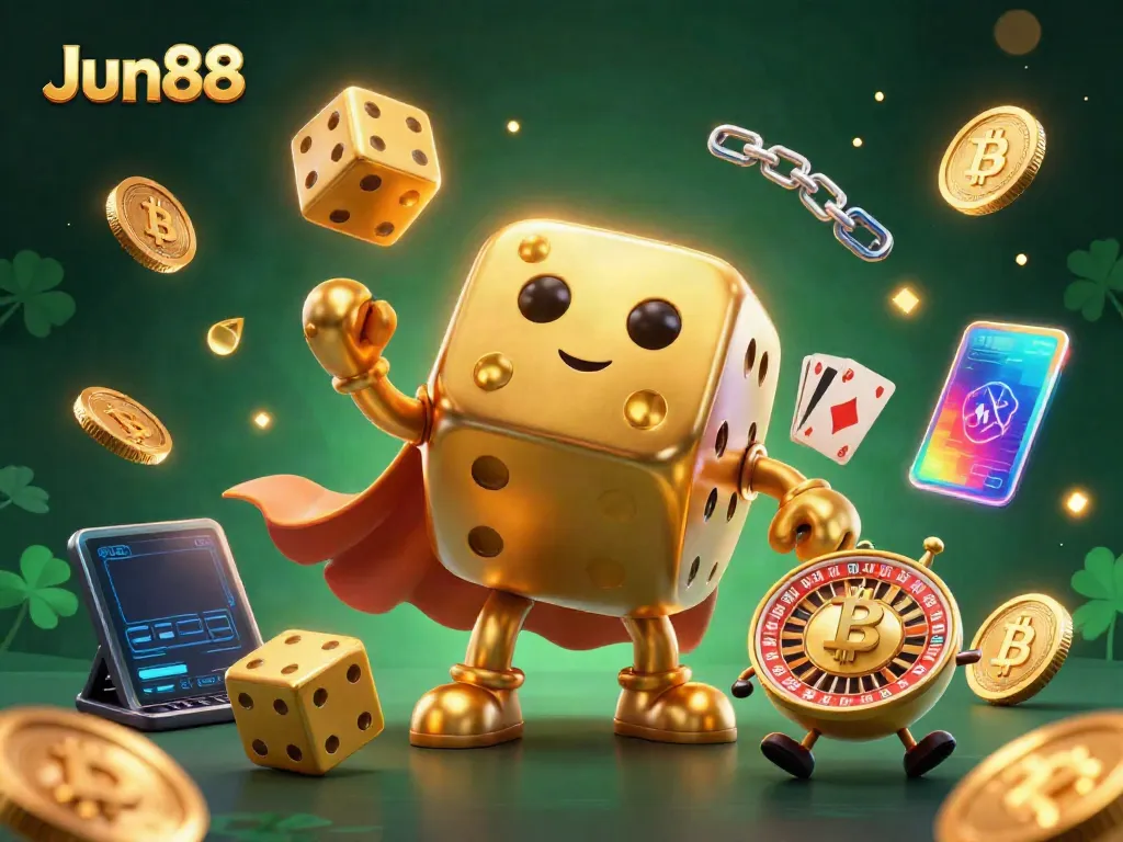 Experience thrilling gaming dynamics with Jun88's 3D casino elements featuring playful golden dice and crypto coins.