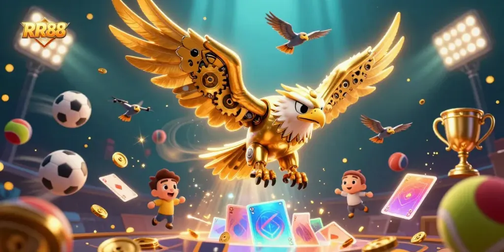 Experience thrilling gameplay at RR88 with a cybernetic eagle amidst a cascade of vibrant holographic cards.