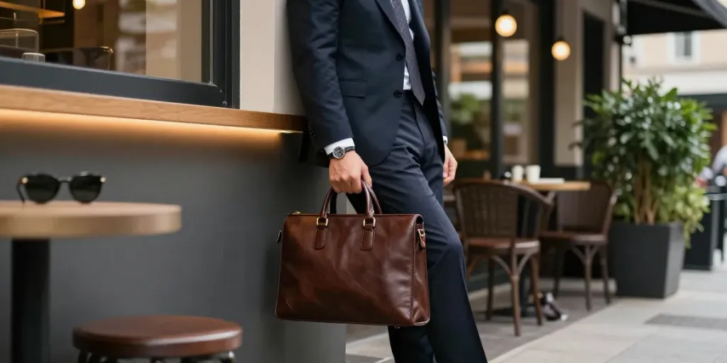 Stylish man in Men's Classic Clothing enjoying urban café vibes in a tailored suit.