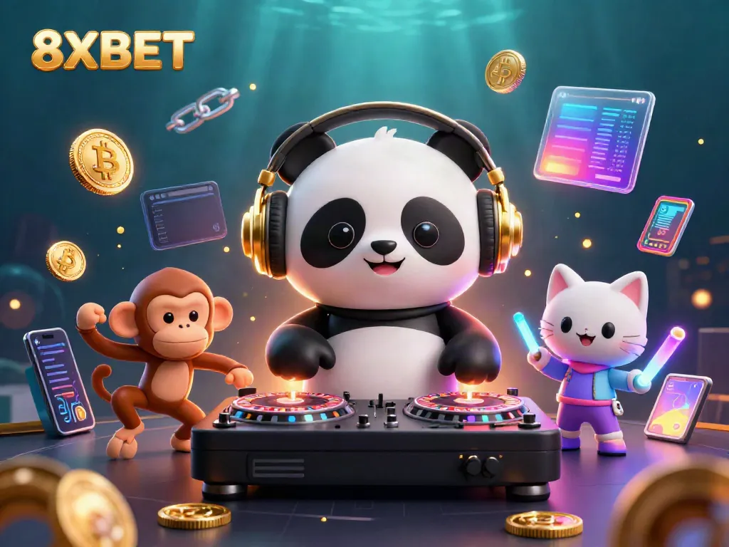 Experience the excitement of 8XBET with cartoon characters enjoying casino gaming in a vibrant 3D scene.