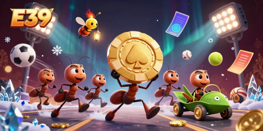Experience thrilling wins with E39 while animated ants carry a giant poker chip in a dynamic casino scene.