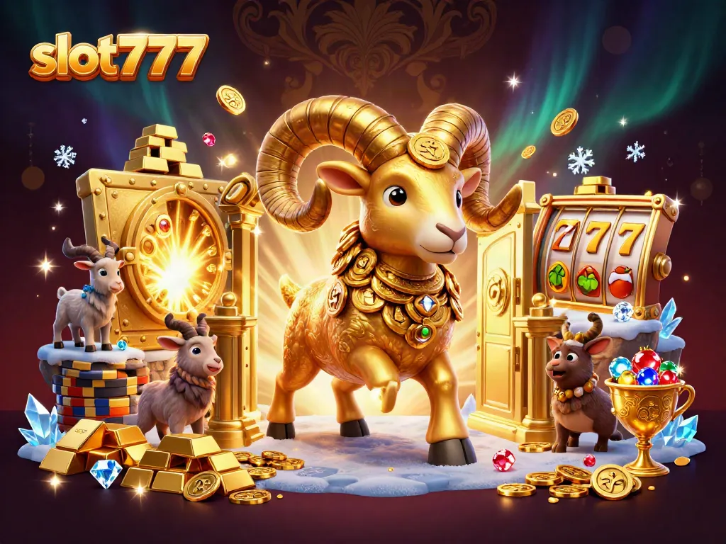 Experience the excitement of slot777 with golden ram and treasure in a vibrant casino scene.