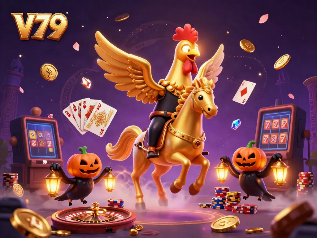 V79 casino illustration with a golden rooster and spectral horse in a vibrant casino scene.