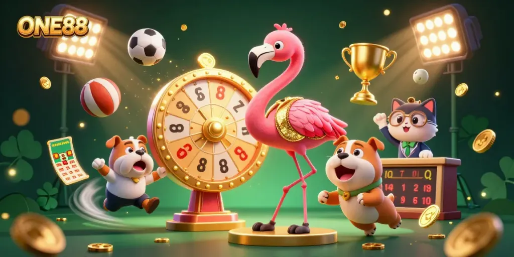 Engage with the excitement of ONE88 as a flamingo game show host spins a prize wheel, surrounded by dynamic sports elements.