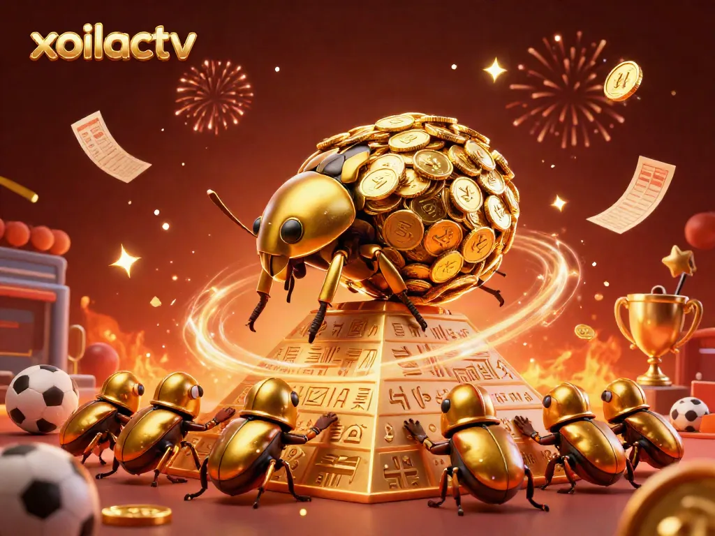 Experience dynamic football betting with xoilactv featuring cartoon beetles and golden coins in a vibrant scene.