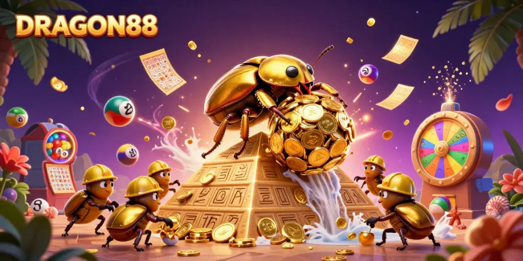 Experience thrilling moments at DRAGON88 with vibrant lottery balls and golden casino treasures.