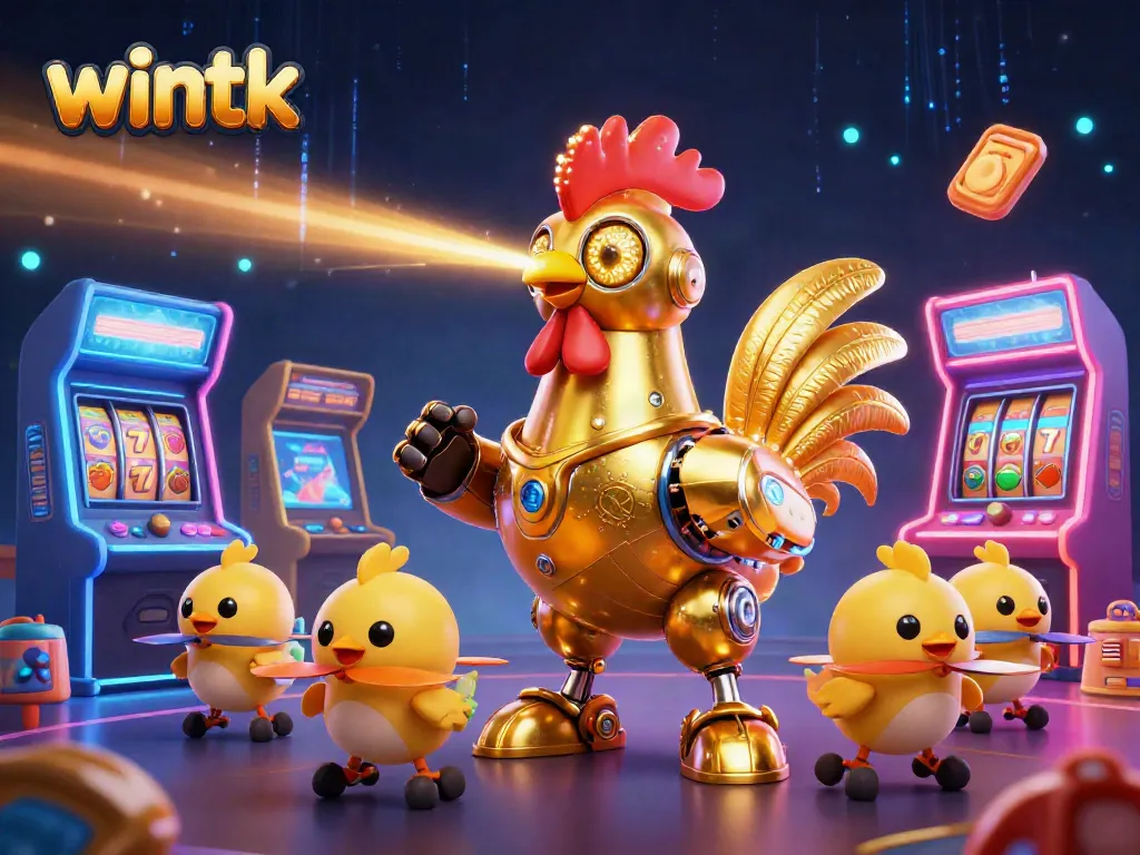 Experience thrilling slot games with wintk's golden rooster robot and baby chick drones in action.