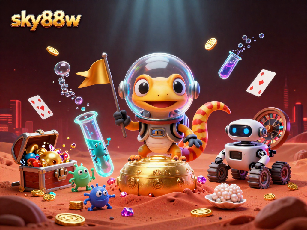 Join the excitement with sky88w as players explore a golden casino in a vibrant 3D scene.