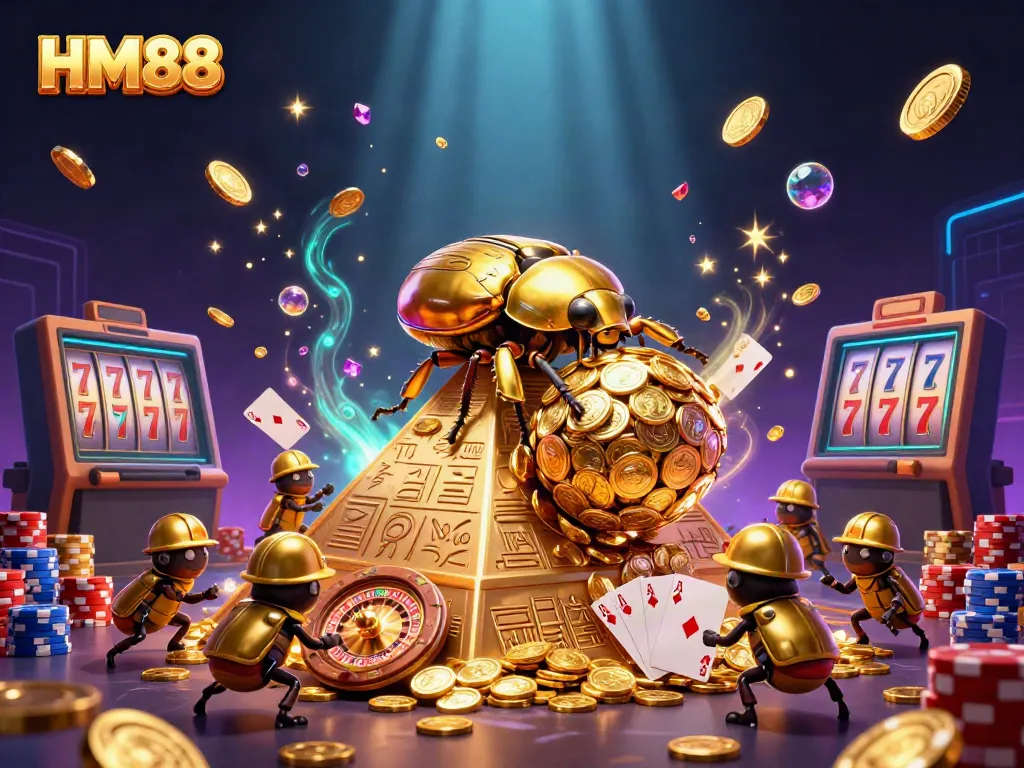 Experience thrilling gaming action with HM88 featuring a golden beetle rolling coins, casino elements, and vibrant colors.