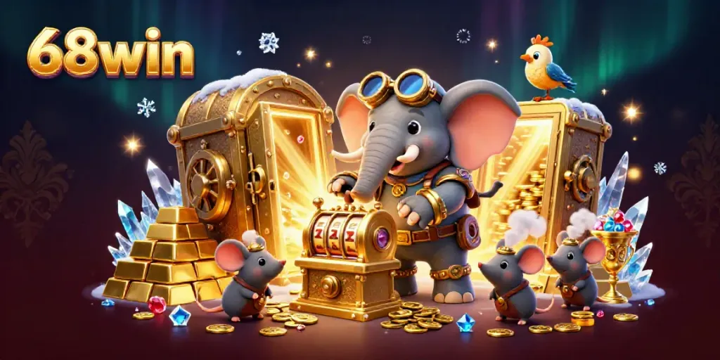 Experience thrilling wins at 68win with the steampunk elephant operating a golden slot machine in a treasure-filled casino.