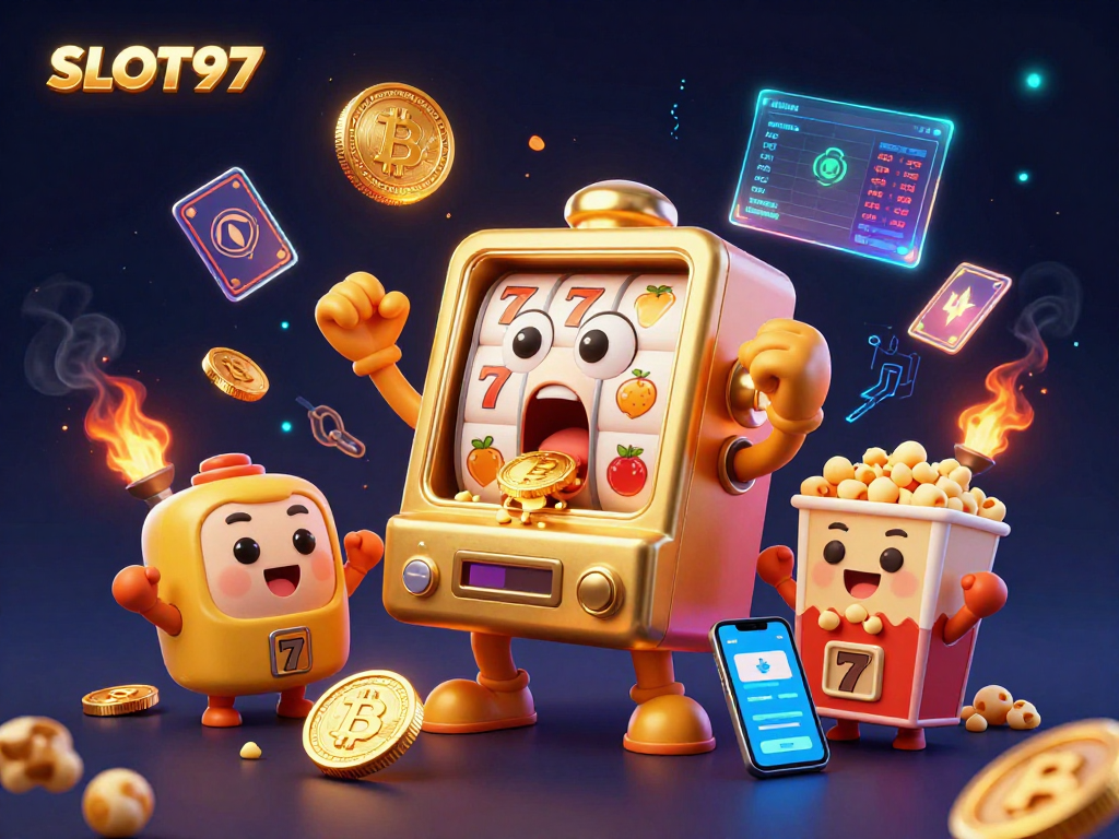 SLOT97 slot machine celebrates a jackpot amidst cheering machines, blockchain coins, and crypto elements.