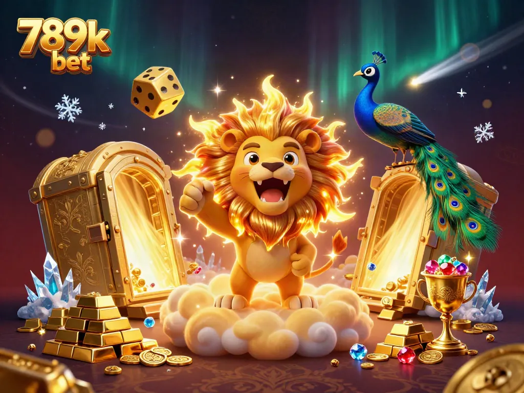 Join the excitement of 789k bet with a vibrant 3D illustration of casino treasures and a roaring lion.