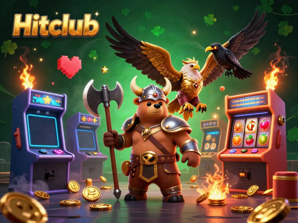 Hitclub's vibrant 3D illustration showcases a Viking bear and Valkyrie beside dynamic casino games and lottery elements.