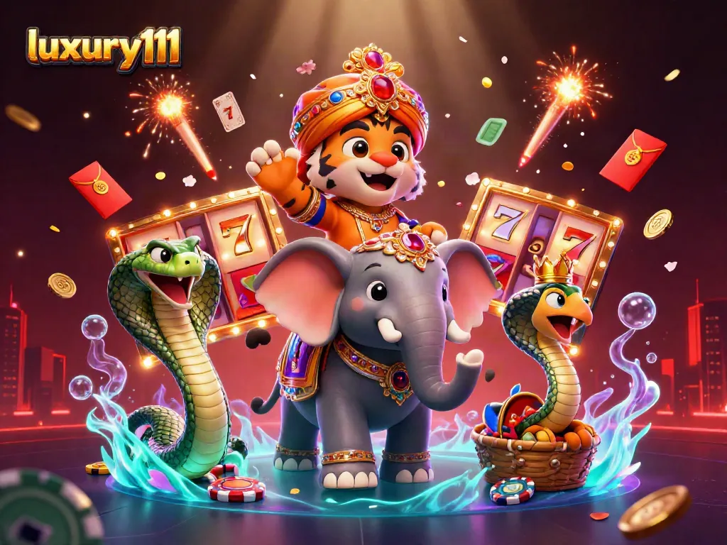 Engage with luxury111's vibrant casino experience featuring thrilling slot reels and festive decorations.