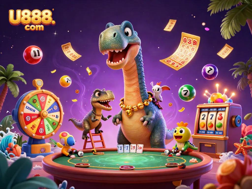 Join the fun at U888. com as a giant brontosaurus looms over a lively casino scene!