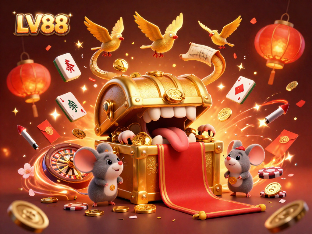 Engage in thrilling gameplay with LV88 at this vibrant casino-themed illustration featuring a treasure chest and exciting gaming elements.