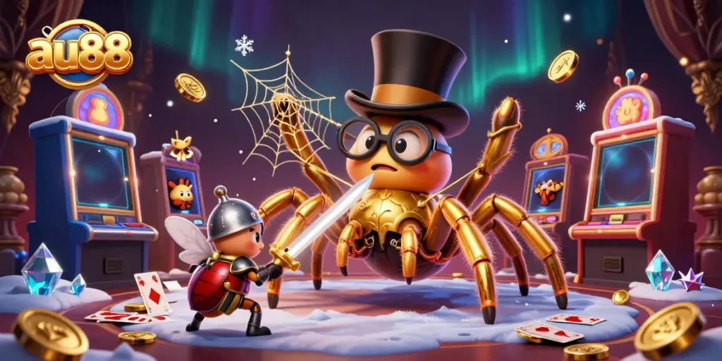 Engage in thrilling gaming adventures at au88 with a dynamic 3D scene featuring a golden tarantula and beetle knight amidst casino elements.