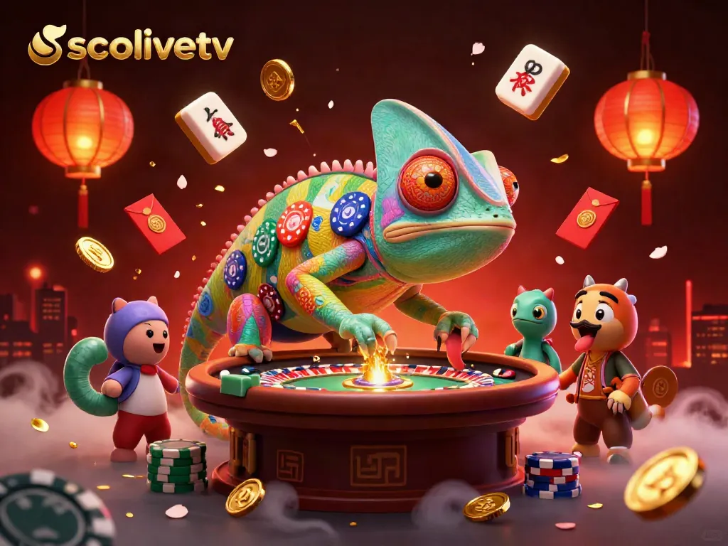 Experience the vibrant action of socolivetv in a dynamic 3D casino scene with a colorful chameleon owner and gaming elements.